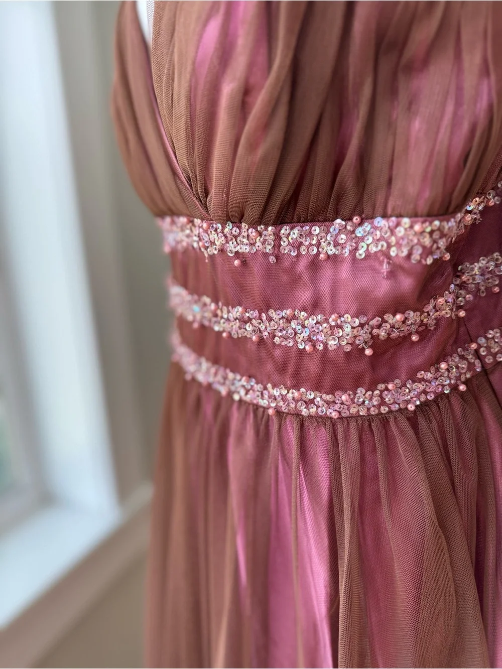 Vintage 90s JS Boutique Pink Brown Beaded Pearls Tulle Midi Dress Sz 14